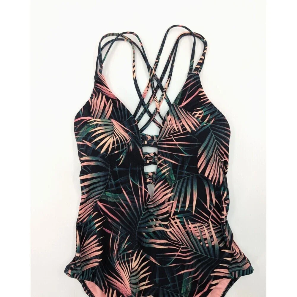 Bar III Swimsuit Women Medium One Piece Plunge Green Tropical Criss Cross Straps